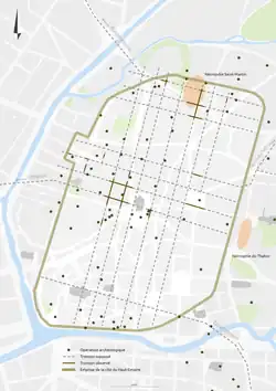 Cartes situant les différentes opérations archéologiques ayant eu lieu dans la ville de Rennes.