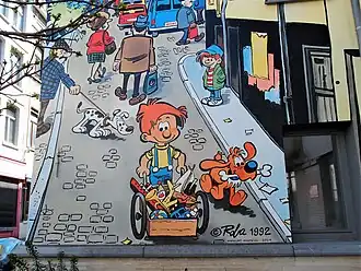 Fresque représentant Boule et Bill sur le parcours BD de Bruxelles.