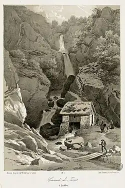 La cascade de Juzet au milieu du XIXe&nbsp;siècle par Joseph Latour.