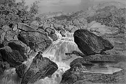 Cascade près de Saint-Herbot (dessin publié dans Félix Benoist, "La Bretagne contemporaine", tome "Finistère", 1867).