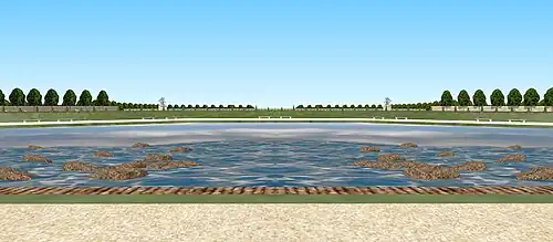 Vue sur les cascades au bout de la perspective de Marly, avec les deux chevaux.