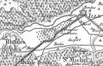 Casesnoves (Cazenove) entre Ille et Rodès (Rhodés) sur la carte de Cassini (1781).