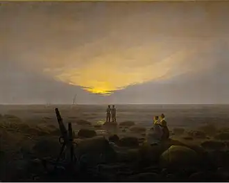 Peinture d'un coucher de soleil observé par deux couples.