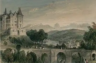 Toile en couleur d'un château devant des montagnes.