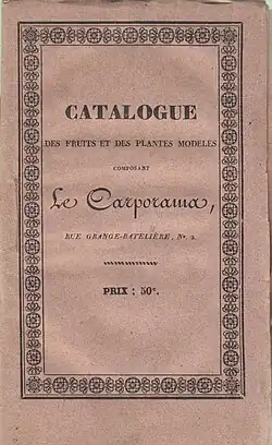 Le titre « Catalogue des fruits et des plantes modelés composant le carporama, rue Grange-Batelière, Modèle:N°2, Prix 50&nbsp;c », est encadré d'une frise et imprimé dans des styles de caractères variés.