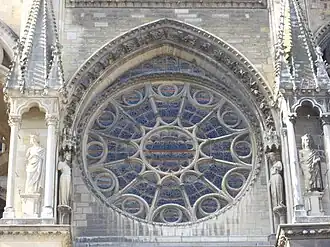 La rose flanquée des statues de l'Église et de la Synagogue.