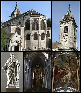 De gauche à droite et de haut en bas : le chœur liturgique, le clocher, une statue du Christ, le contre-chœur et Le Martyre de Saint-Étienne.