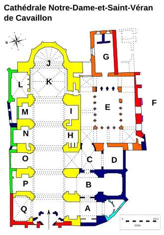 Plan schématique d'un église dont les phases de construction sont matérialisées par des couleurs différentes.