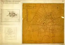 Plan d'un quartier londonien et deux dessins d'une femme éventrée et défigurée