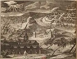 Dessin du XVIIe&nbsp;siècle, montrant le séminaire Saint-Joseph à Ayutthaya au premier plan, avec les canaux et la ville à l'arrière.