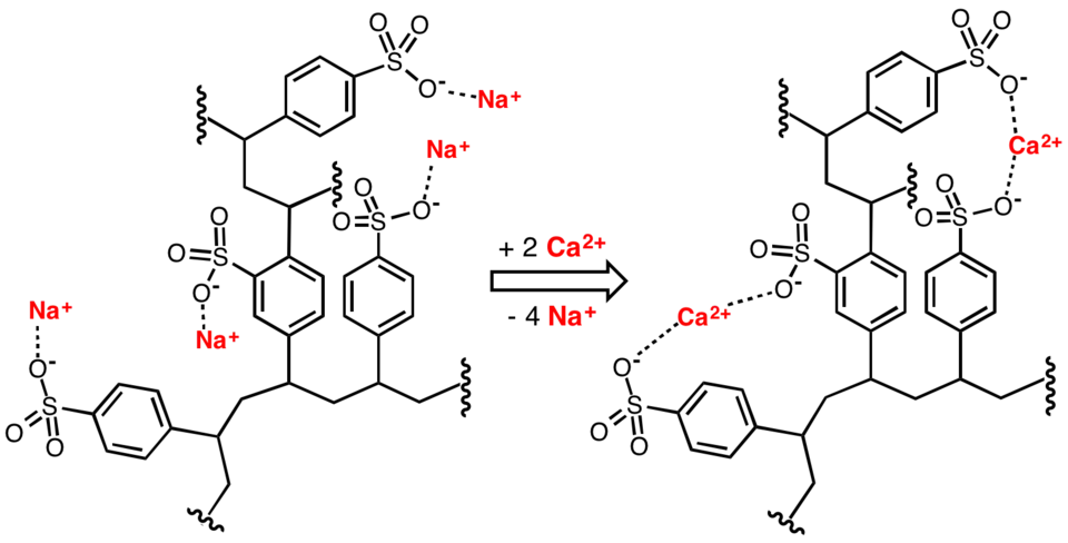 Représentation idéalisée de l'adoucissement de l'eau par remplacement de cations Ca2+ par des cations Na+ à l'aide d'une résine en poly(styrène sulfonate) de sodium réticulée.