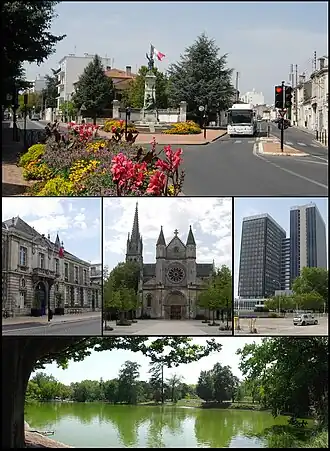 Photomontage de plusieurs vues de Caudéran. On aperçoit des rues végétalisées et des bâtiments anciens. Une image présente deux gratte-ciels noirs.