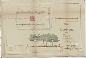 Aménagement de la place devant la mairie : plans, profils A B, profils C D.
