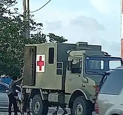 Ambulance Unimog du CIR après le passage d'un ouragan en 2021.