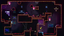 Un niveau à dominante marron où se trouvent des formes rouges contre les murs.