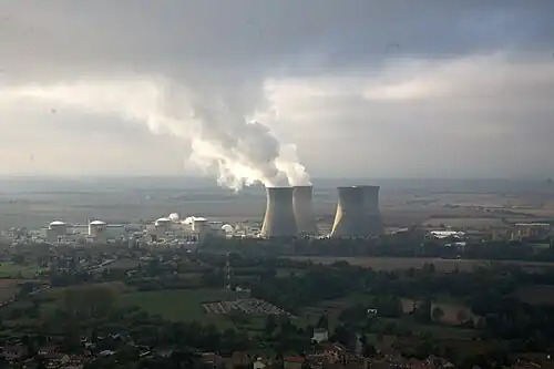 Panache de vapeur d'eau (chargée de chaleur latente) émis par la centrale nucléaire du Bugey qui alimente en humidité la couche limite atmosphérique nuageuse déjà présente.