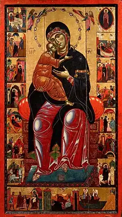 Vierge de Tendresse, Éléousa. Cercle de Marcovaldo. 1275-80. H. 2,46&nbsp;m. Musée Pouchkine.