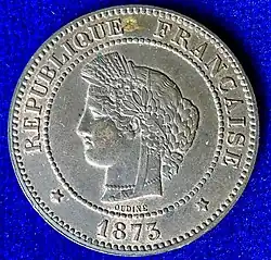 Pièce de 5 centimes type Cérès (bronze, 1873).