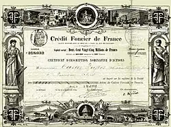 Certificat d'inscription d'Action du Crédit foncier de France.
