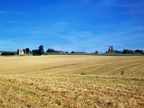 À gauche, la chapelle Saint-Martin, autrefois église. Au second plan à droite, le donjon aujourd'hui ruiné. Le village, hors champ, se trouve à droite de l'image.