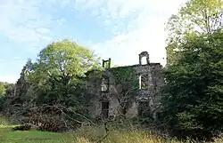 Photographie en couleur des ruines d'un château d'époque médiévale et Renaissance, partiellement entouré de végétations.