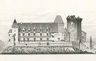 Dessin en noir et blanc d'un vieux château.