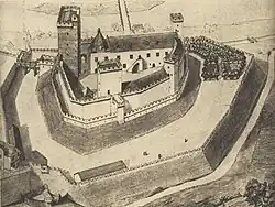 Dessin d'un bâtiment militaire vue de haut.