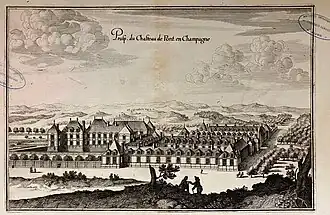 Prospective du château de Pont en Champagne. gravure sur cuivre, XVIIe s.