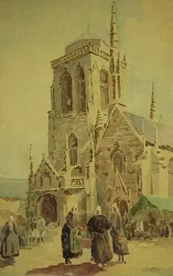 Attribué à Charles Jaffeux, Sortie de messe à Locronan, aquarelle, localisation inconnue.