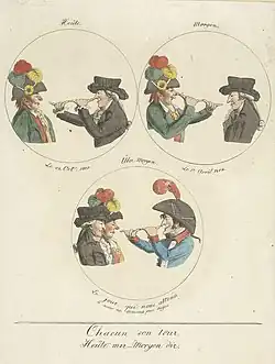 Dessin représentant trois scènes, avec plusieurs personnages dans différentes tenues.