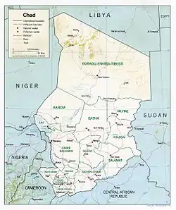 alt=Relief du Tchad en 1991.
Les anciennes civilisations : 
Le Tchad était autrefois habité par les saw (Sao) avant que les conquérants kanembou et autres ne viennent s'en emparer et les chasser de ce qui constituent le lac-Tchad actuel.