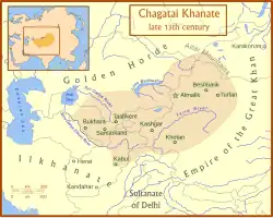 Map of Central Asia with the territory and cities of the Chagatai Khanate marked