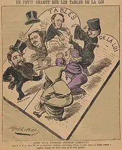 Dessin en couleurs représentant les trois parlementaires et les trois religieux en train de danser frénétiquement sur les tables de la Loi.