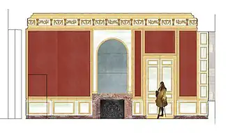 Coupe de la paroi est de la chambre de Louis XIV à Meudon, avec le miroir ajouté ensuite, XVIIIe&nbsp;siècle.