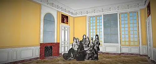 Restitution de la chambre des jeux à Meudon, vers 1700. Le Grand Dauphin joue aux cartes avec ses intimes.