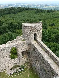 Vue depuis le donjon sur la "Petite Tour" et sur la partie est du logis seigneurial.