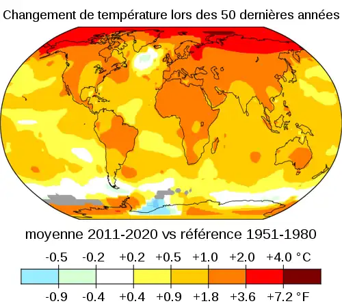 Mappemonde dont les couleurs correspondent à une échelle de -0,5 à +4 °C environ