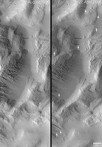 De nombreuses traînées noires ont évolué au cours des nombreuses années d'observations de MGS.