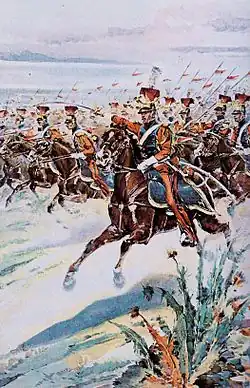 Un officier de cavalerie chargeant sabre à la main, suivi de ses cavaliers pointant leurs lances.