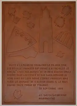 Plaque commémorative du nom de « Libre-sur-Sambre » apposée dans l'Hôtel de Ville.