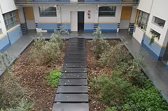 photo d'un jardin à l'intérieur d'un bâtiment, le jardin est séparé en deux par une passerelle formée par des lattes pour les piétons