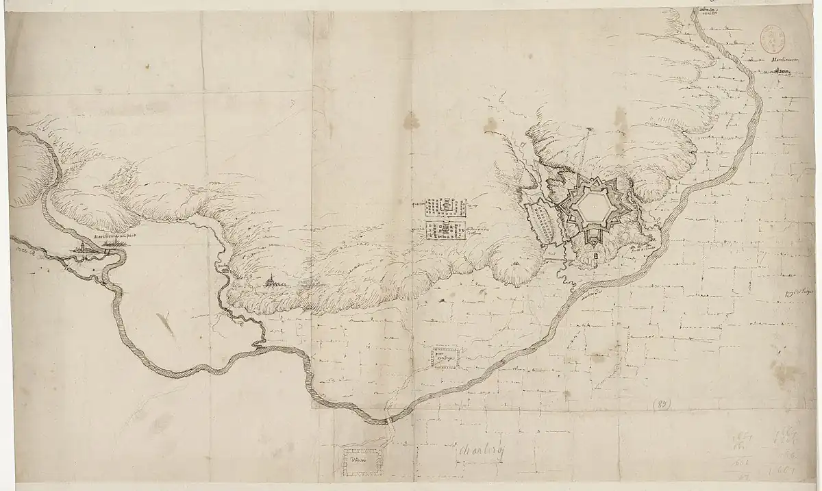 Extrait du plan de Charleroi levé après la prise de la place en 1667. Le plan indique encore la position du "camp des ennemis" et celle de l'église du Charnoy, au bout de l'éperon qui porte l'ouvrage à corneCaroloregium, p.&nbsp;67. .