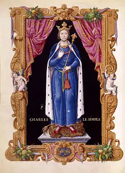 Enluminure représentant un personnage debout, coiffé d'une couronne, avec la mention CHARLES LE SIMPLE.