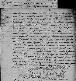 Acte de mariage entre Charles Aubert Sieur de la Chenaye et Marie Angelique Denys. 11 août 1680. Paroisse Notre-Dame-de Québec de la ville de Québec.