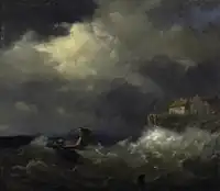 Marin dans la tempête devant la côte normande..