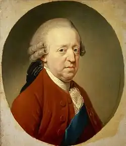 Peinture d’époque. Portrait, avec perruque XVIIIe&nbsp;siècle, veste garance et cordon bleu sous la veste.