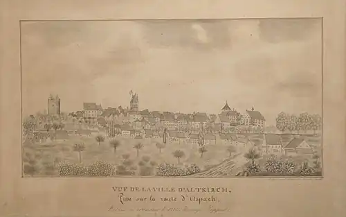 Vue d'Altkirch prise du chemin d'Aspach, dessin à la plume et lavis, 1832