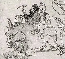 Gravure montrant deux bœufs montés par des hommes.