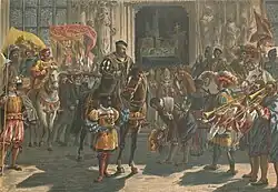 Dessin d'un homme à cheval et avec de riches habits entouré par des hommes à pied ou à cheval, portant des habits religieux, agitant des drapeaux ou jouant de la trompette devant un bâtiment en pierre.