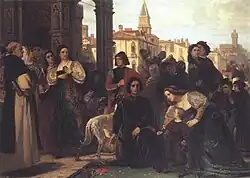 Peinture en couleurs représentant au centre un homme richement vêtu et agenouillé tel un mendiant, mais gardant la tête haute.